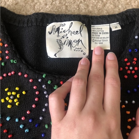 Michael Simon Women’s Vintage 90s Short Sleeve Sweater Cardigan Beaded Swirls M - Picture 3 of 4